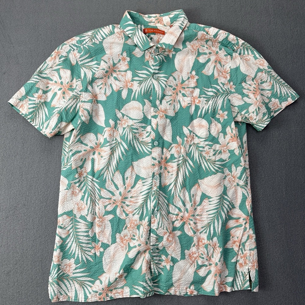 Tori Richard Men Hawaiian Shirt Teal Tropical Floral Seersucker Pucker Lawn